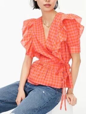 J.Crew Gingham Ruffle Wrap Top NWT